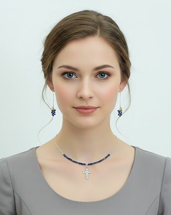 Lapis lazuli, srebro 925, delikatny, granatowy naszyjnik z krzyżykiem, Yamira Art Studio