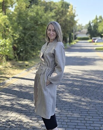 Kimono sukienka z paskiem 100% len beżowe., PinPin