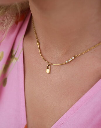 Złoty naszyjnik z kłódką i cyrkoniami ze stali chirurgicznej, Paraiso