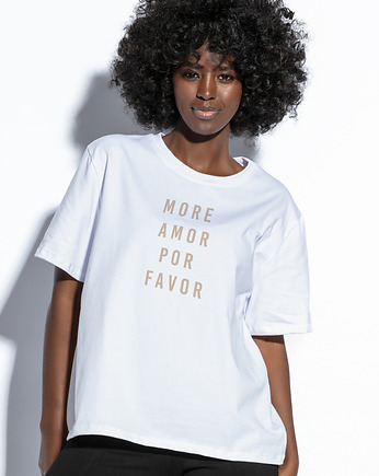 Biały T-shirt z pastelowym napisem Amor beige, FOBYA
