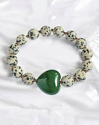 Jaspis dalmatyński i serce : ciemna zieleń : bransoletka na gumce, kaktusia