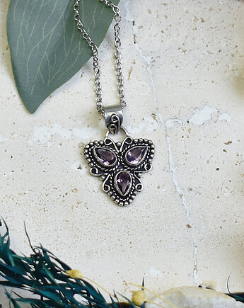 Miedziany posrebrzany wisiorek z ametystem - etniczny, boho, Spirit Of Copper