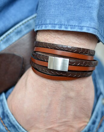 BRANSOLETKA SKÓRZANA POTRÓJNA ALLIGATO SATIN STEEL brown, Beezoo