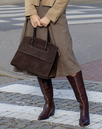 Elegancka torebka zamszowa kuferek skóra naturalna, Marco Mazzini