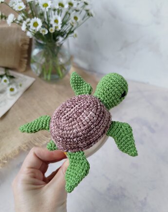 Grzechotka żółwik, Gryzak żółw na kółku, Prezent dla noworodka, EcoToysByNastya