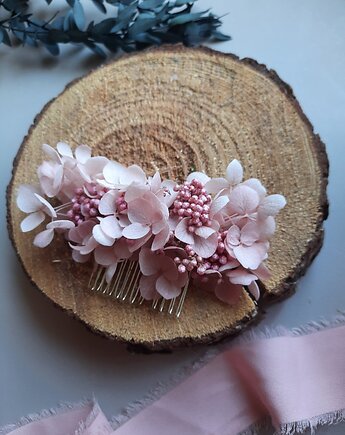 Różowy grzebyk do włosów z hortensja, Mudryk Viktoria Dried Flowers