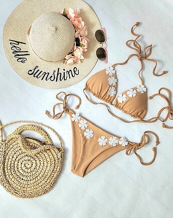 Bikini beżowe strój kąpielowy białe kwiaty koronkowe, Boho Loco
