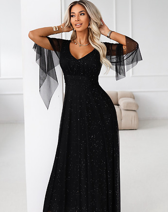 655-1 Długa połyskująca w świetle suknia z dekoltem - czarna, NUMOCO