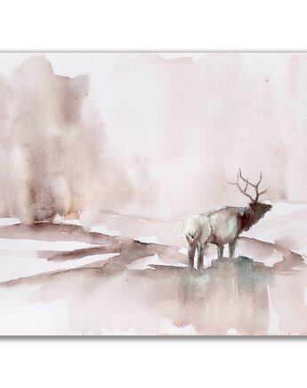 Subtelna akwarela "Jeleń w mgle" , Galeria Alma