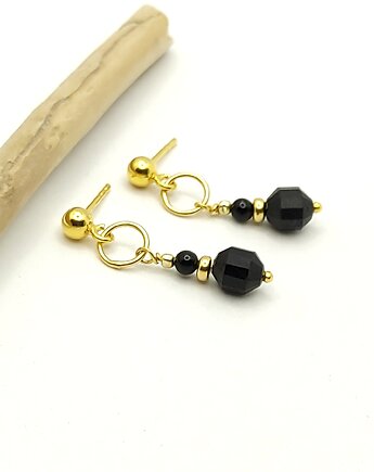 Czarny turmalin, kolczyki pozłacane wiszące delikatne, Studio Gazela