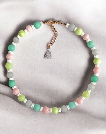 HOT TREND : naszyjnik : pastelle collection : jadeit 10mm, muszla biała, kaktusia