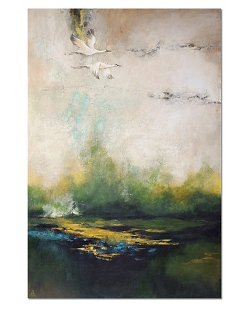 Żurawie ptaki abstrakcyjny  pejzaż obraz ręcznie malowany /2/, Galeriai