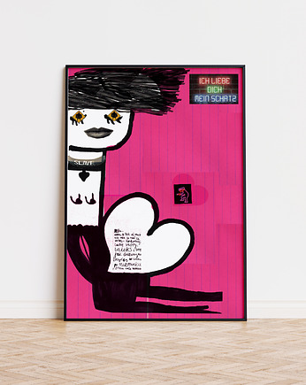 Plakat ICH LIEBE DICH MEIN SCHATZ różowy grafika  kobieta kot erotyczny, BEATNIK illustration