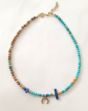 Naszyjnik choker HATHOR  lunula, turkus, lapis lazuli, jaspis obrazkowy