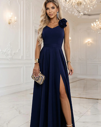 643-4 Elegancka wieczorowa suknia maxi z rozcięciem i różami - granatowa L, NUMOCO