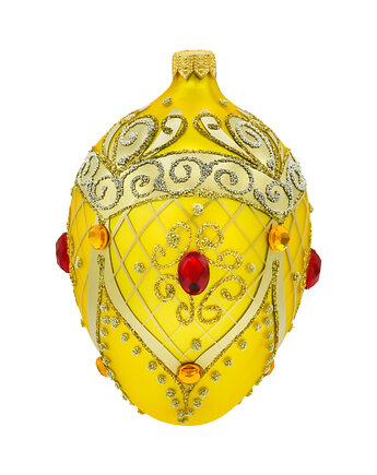 Bombka choinkowa szklana ręcznie malowana: jajo Faberge z rubinem: żółte, Syn Bombkarza