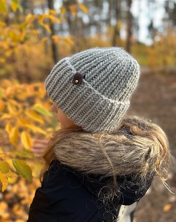 Gruba wełniana czapka oversize z bardzo szerokim wywinięciem - szara, Kocie Motki