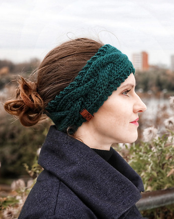 Zielona wełniana opaska warkoczowa, Holy Alpaca Knit