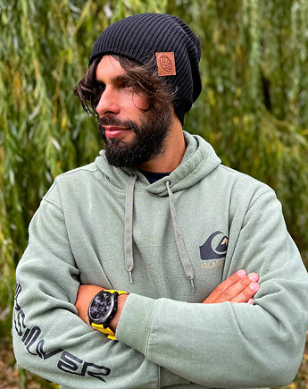 Męska bawełniana czapka jesienna logo ekoskórka Czarny, Brain Inside