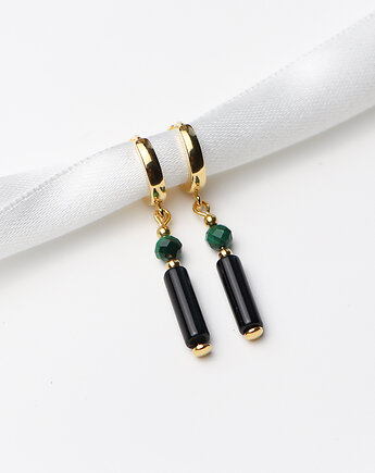 Kolczyki pozłacane - Czarny Turmalin, Malachit, Bring Biżuteria
