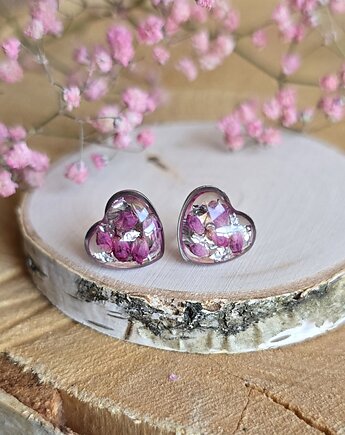 Kolczyki z różowymi kwiatami srebrne kwiaty wrzos serca serduszka