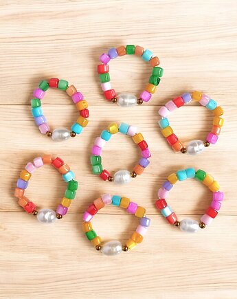 Pierścionek : summer collection : kolorowa muszla i perła, kaktusia