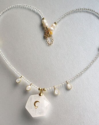 Unikatowy Choker kryształ górski, kamień księżycowy, perła słodkowodna, KEIT