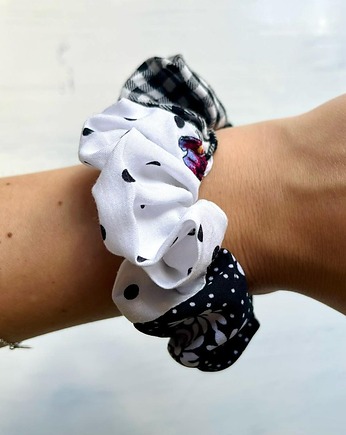 Czarno-biała, patchworkowa gumka scrunchie , PELA