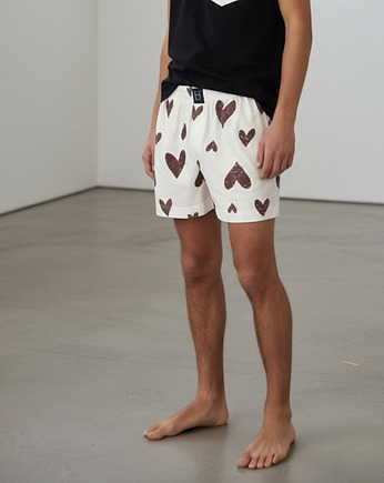 Spodenki unisex do spania bokserki w serca beżowe, HisOutfit