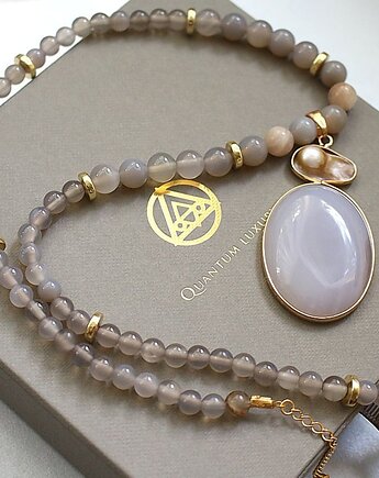 Unikat! Naszyjnik z szarym agatem i perłą biwali - transmutacja DNA, KEIT