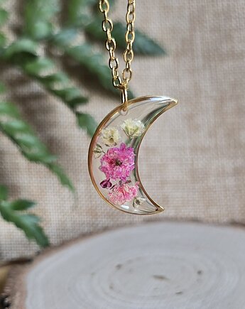Złoty wisiorek złota zawieszka księżyc suszone kwiaty, zkwiatem