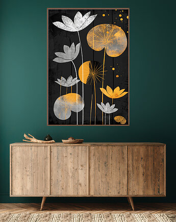 Liście lotusu - Plakat, druk - Chiński Orient, Harmonia Zen, Wabi Sabi #101, Black Sapphire Art