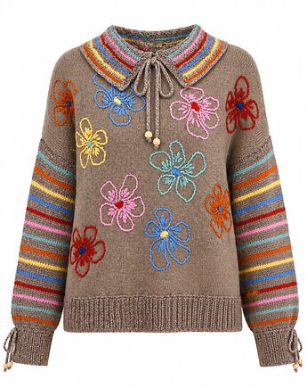 Sweter brązowy z haftami i kołnierzykiem, rozmiar L/XL, Z drugiej nitki