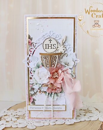 Kartka komunijna, Pamiątka Komunii, prezent "Lovely Day in Pink 1"GOTOWA, Lulaczkowo