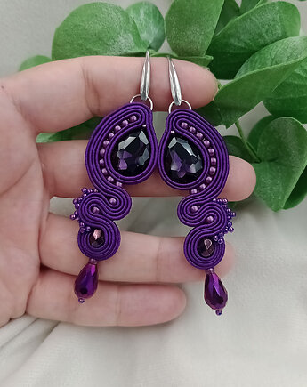 Długie śliwkowe kolczyki sutasz na wesele, fioletowe kolczyki, Soutacheria