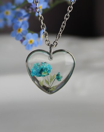 Srebrny wisiorek prawdziwe kwiaty zawieszka niebieska naszyjnik, zkwiatem