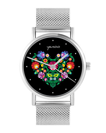 Zegarek - Serce folk, czarne - bransoleta mesh, yenoo