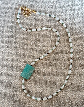 Naszyjnik z Perły Naturalne, Turkus Afrykański i Amazonit, Chmolowska Jewellery