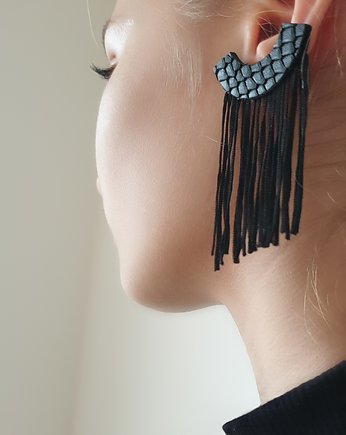 FRINGE duże kolczyki z czarnej skóry naturalnej wąż frędzle, Malena Dul