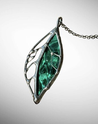 Szklany wisiorek na łańcuszku Naszyjnik Witraż Listek Turkus