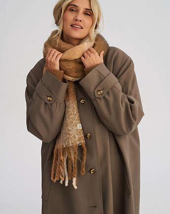 Puchaty szalik z frędzlami w beżową kratę, HARP TEAM