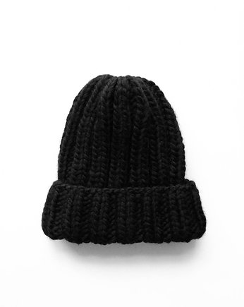Gruba wełniana czarna czapka beanie 100% wełna handmade, GANGSTA KNIT