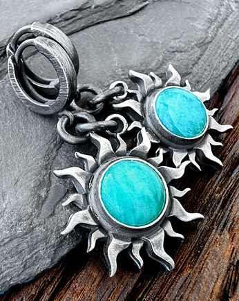 Srebrne kolczyki symbol Słońca z amazonitem 10 mm, SHAMBALA