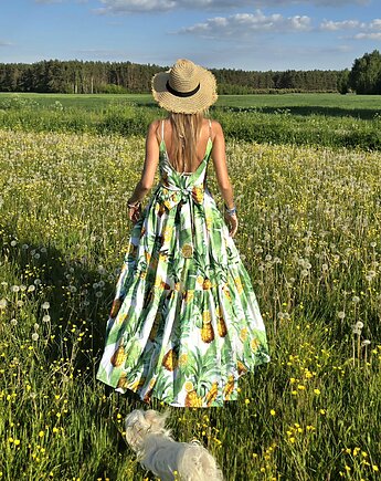 Sukienka z motywem tropikalnym cytryn i ananasów, Boho Loco