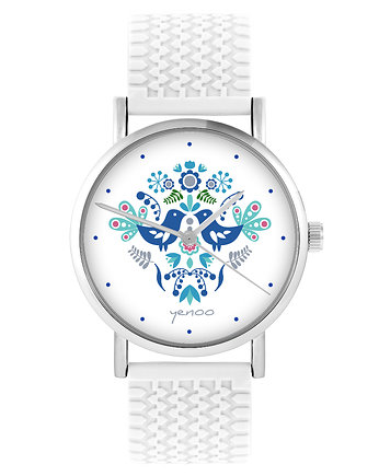 Zegarek - Ptaszki folkowe, blue - silikonowy, biały, yenoo