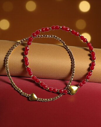 Komplet czerwono-złoty : bransoletki z serduszkami : na prezent, kaktusia