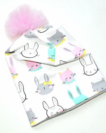 CZAPKA BEANIE z tiulowym pomponem w zwierzątka, MOJAMAJA