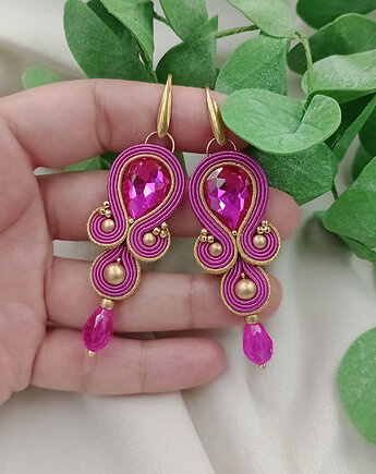 Kolczyki soutache na wesele, kolczyki fuksja złote, Soutacheria