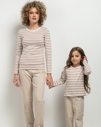 Komplet bluzek dla mamy i córki, model 44, biało - beżowe paski, mala bajka