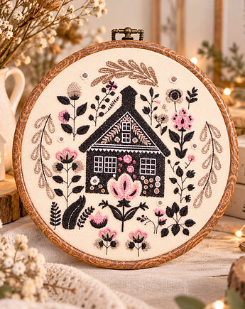 Sielska chata - haft w oprawie ok  20 cm, Plasun